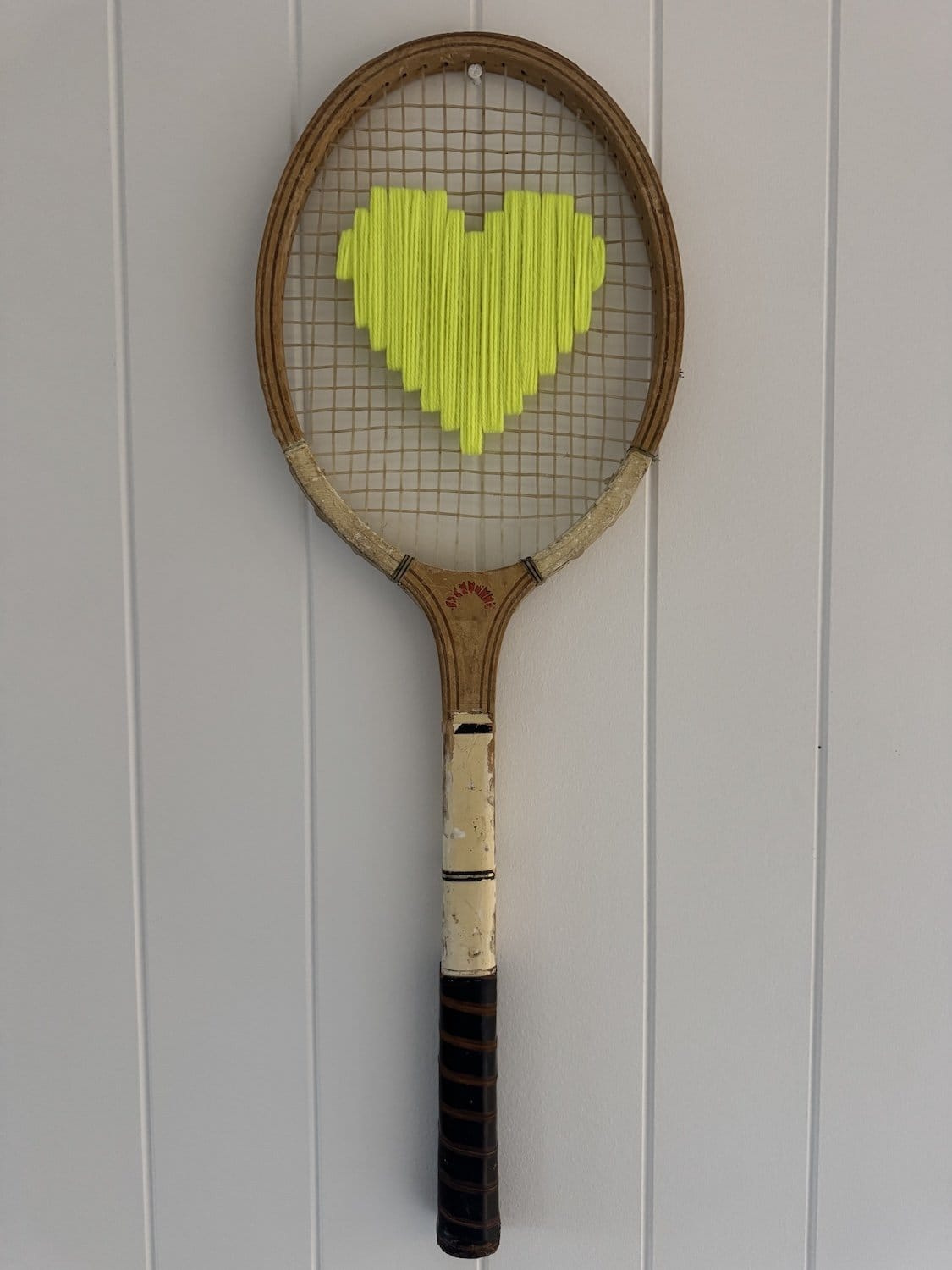Vintage Tennis Racquet With Neon Yellow Woven Heart-Wall Hangings-What A Racquet-Greenhouse Interiors Pty Ltd