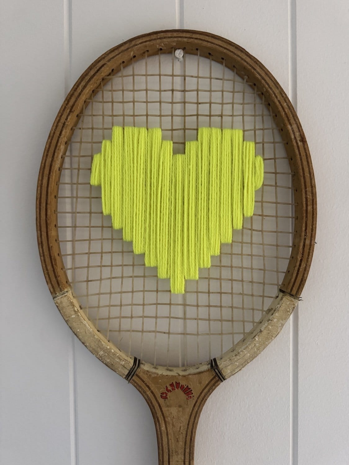 Vintage Tennis Racquet With Neon Yellow Woven Heart-Wall Hangings-What A Racquet-Greenhouse Interiors Pty Ltd