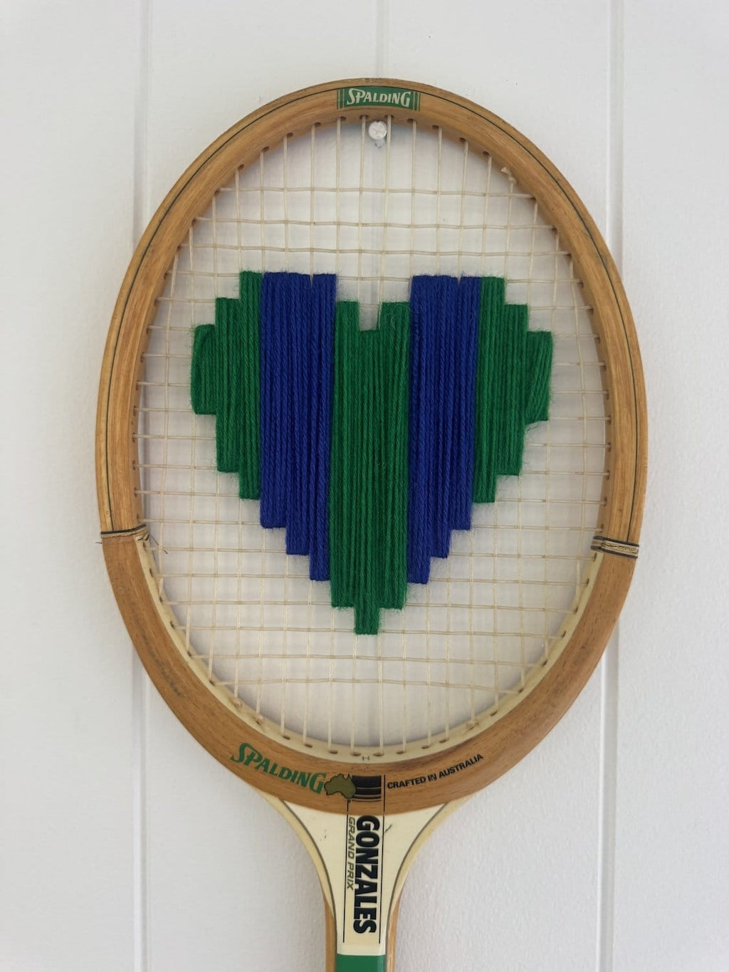 Vintage Tennis Racquet Wall Hanging With Woven Heart - Blue & Green Stripes