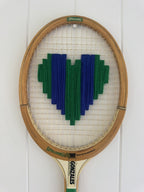 Vintage Tennis Racquet Wall Hanging With Woven Heart - Blue & Green Stripes