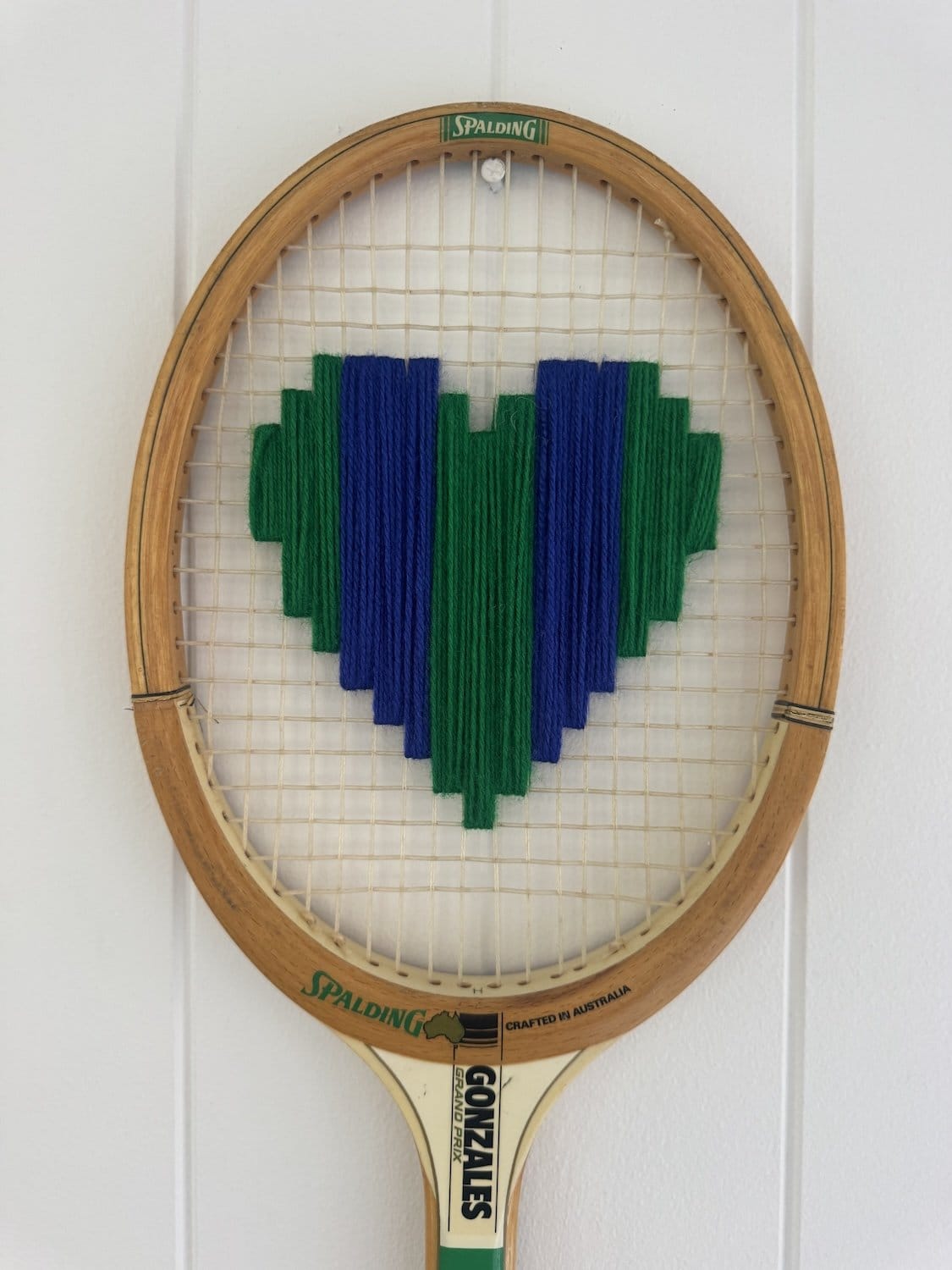 Vintage Tennis Racquet Wall Hanging With Woven Heart - Blue & Green Stripes