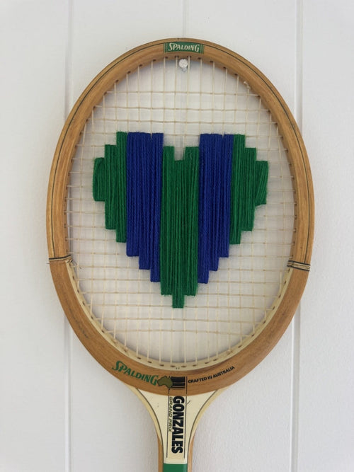 Vintage Tennis Racquet Wall Hanging With Woven Heart - Blue & Green Stripes