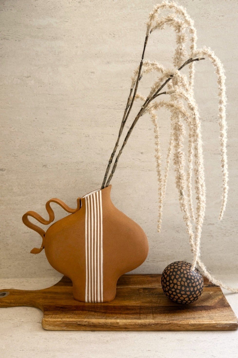 Terracotta Striped Vessel With A Wiggle Handle-Ceramics-Formantics-Greenhouse Interiors Pty Ltd