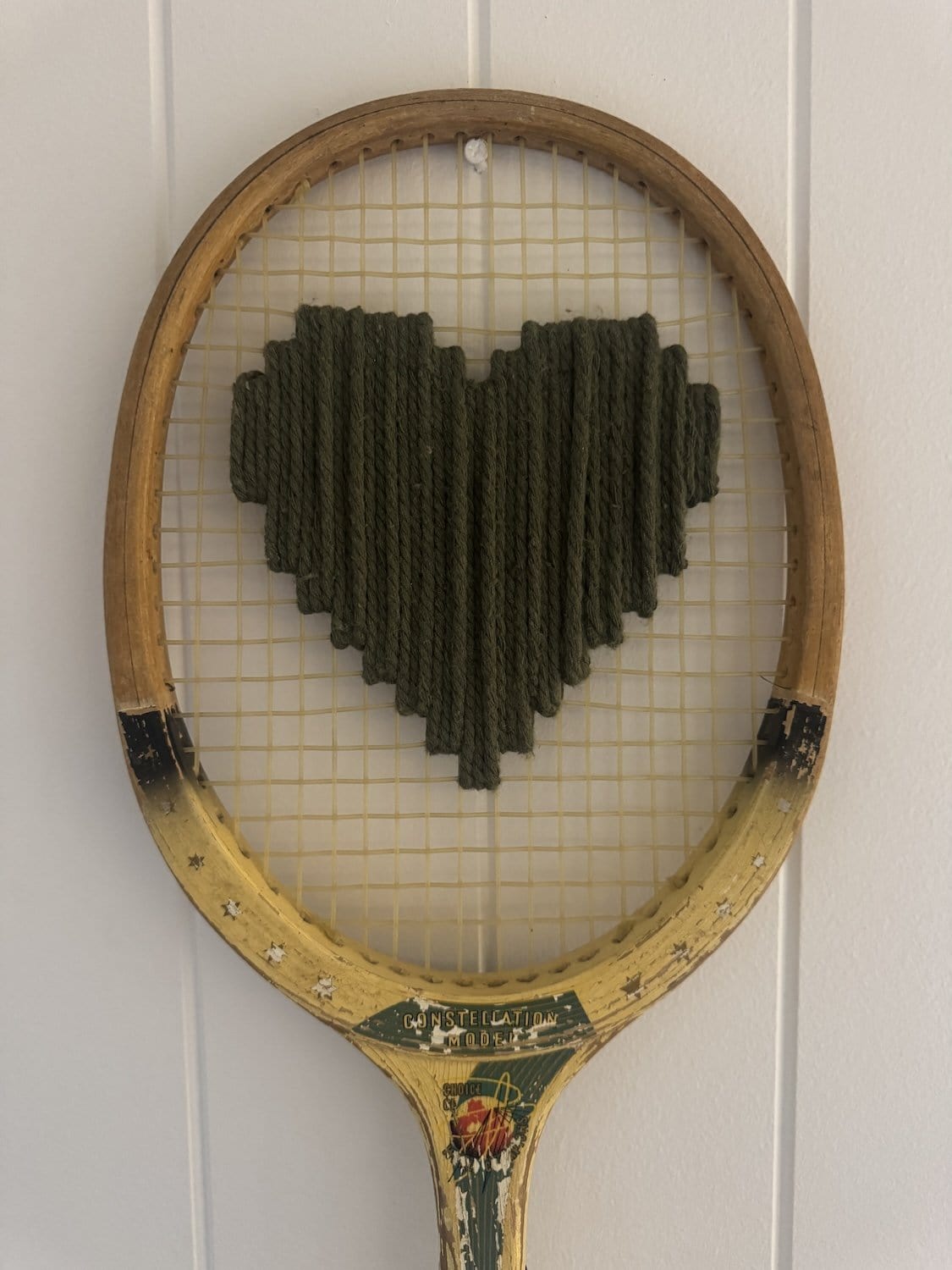 Vintage Tennis Racquet With Woven Heart - Olive Green
