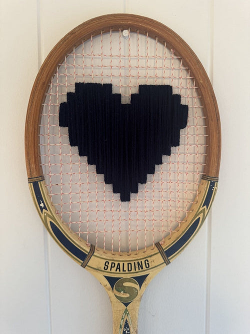 Vintage Tennis Racquet With Woven Heart - Dark Navy