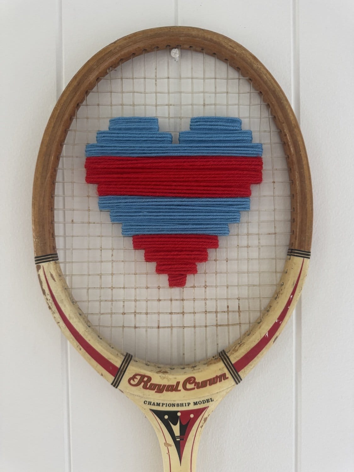 Vintage Tennis Racquet Wall Hanging - Red & Blue Woven Heart