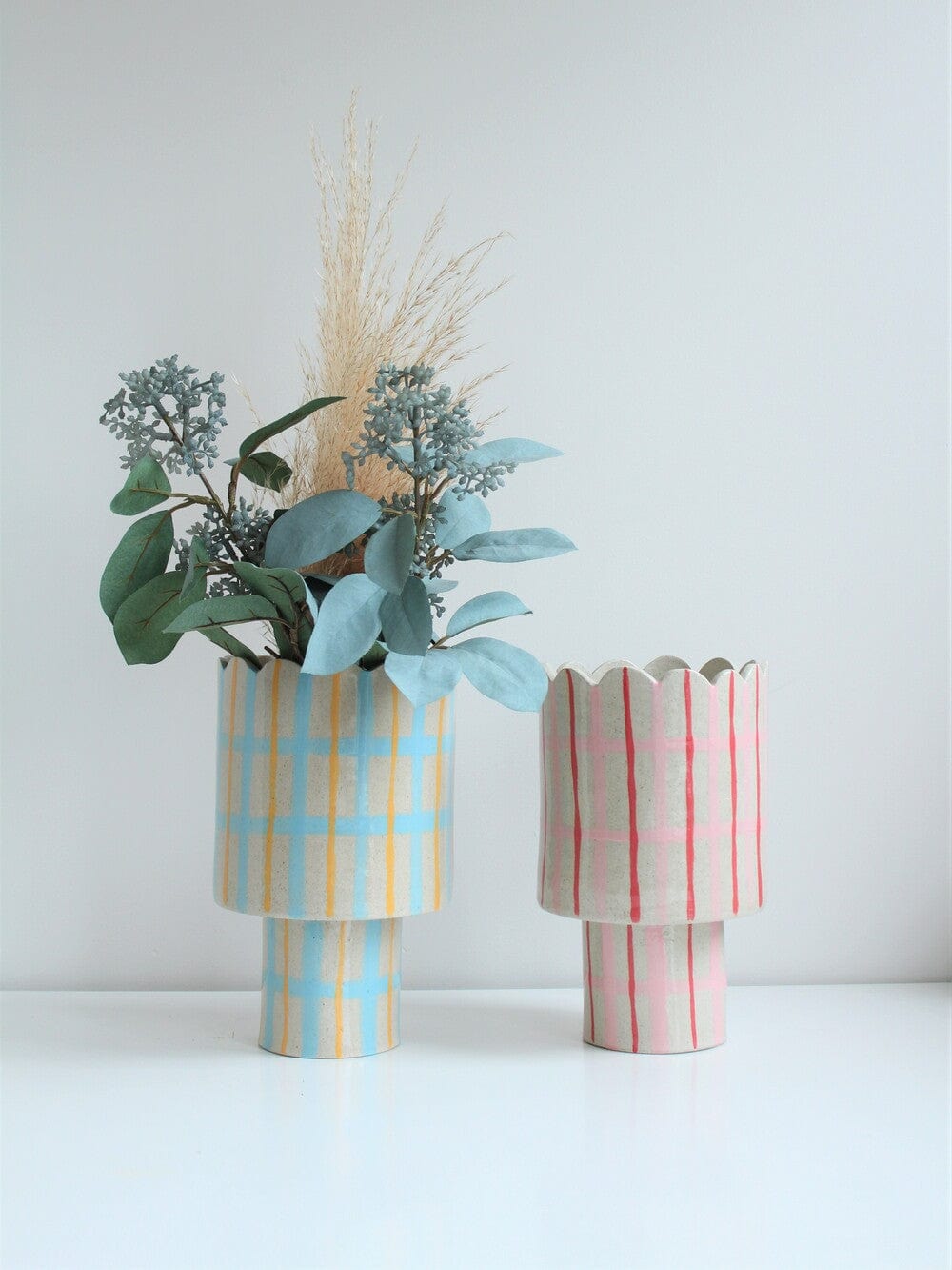 Tartan Scalloped Vessel In Pink And Red