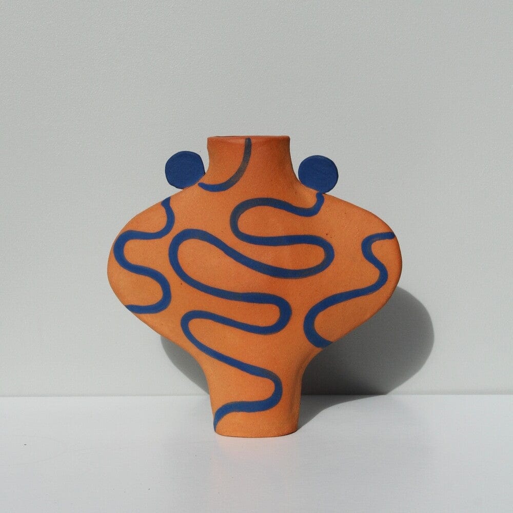 Hand Drawn Vessel In Terracotta And Blue.