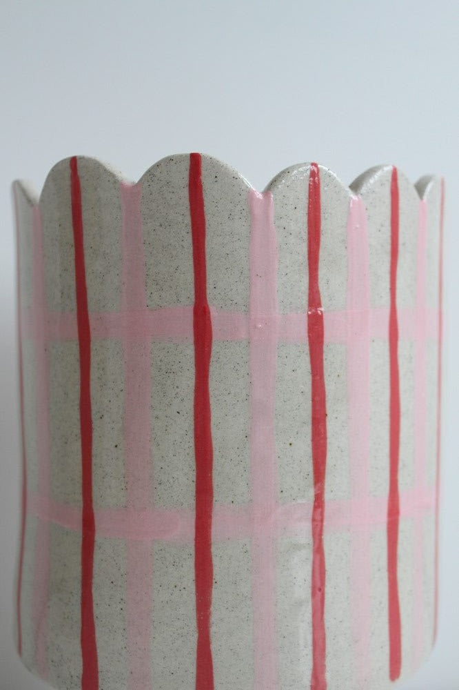 Tartan Scalloped Vessel In Pink And Red