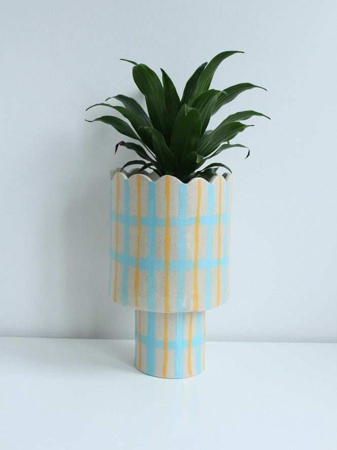 Tartan Scalloped Vessel In Blue And Mustard