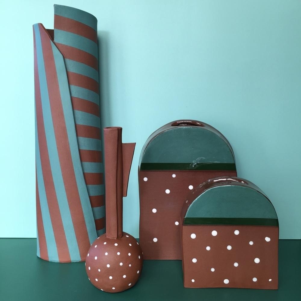 Terracotta and Green Striped Vessel - Ceramics-Ceramics-Formantics-Greenhouse Interiors