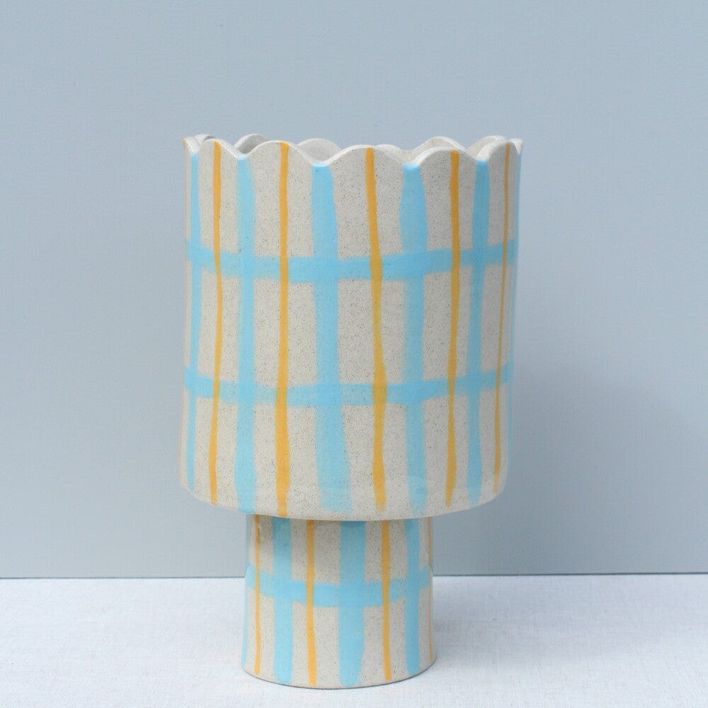 Tartan Scalloped Vessel In Blue And Mustard